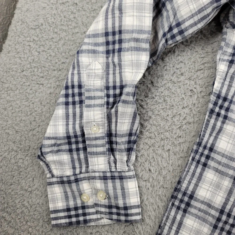 Banana Republic Shirt Mens XL White Blue Plaid Linen Button Up Long Sleeve‎